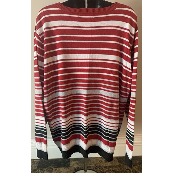 Women's Liz Clairborne Long Sleeve Red Black White Pullover V-Neck Sweater - Picture 4 of 6